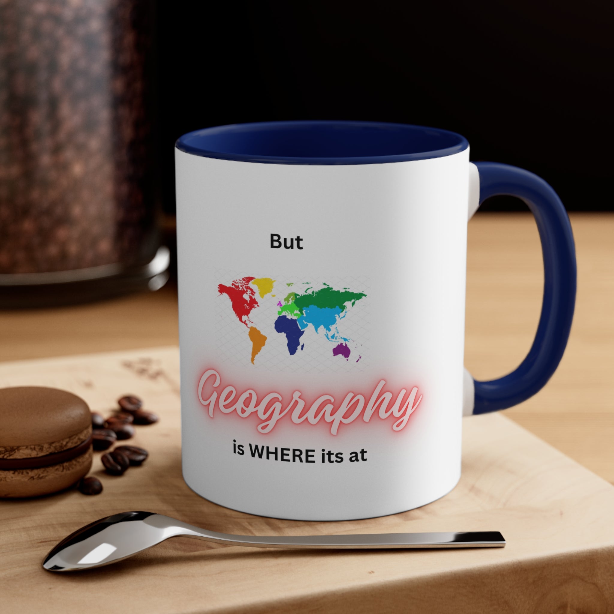 World Map - Orange Text - Red Handle - Accent Coffee Mug, 11oz