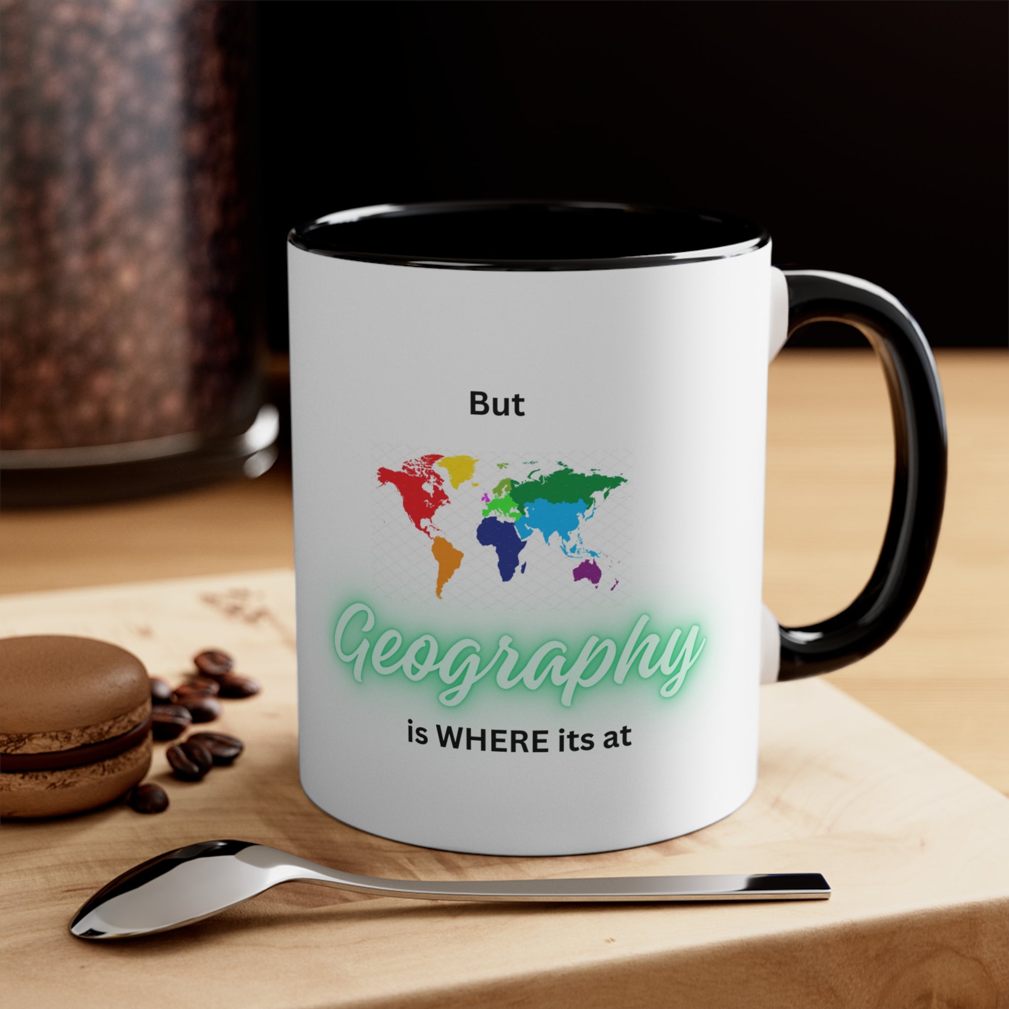 Mapa del mundo - Texto verde - Mango rojo - Taza de café decorativa, 11 oz 