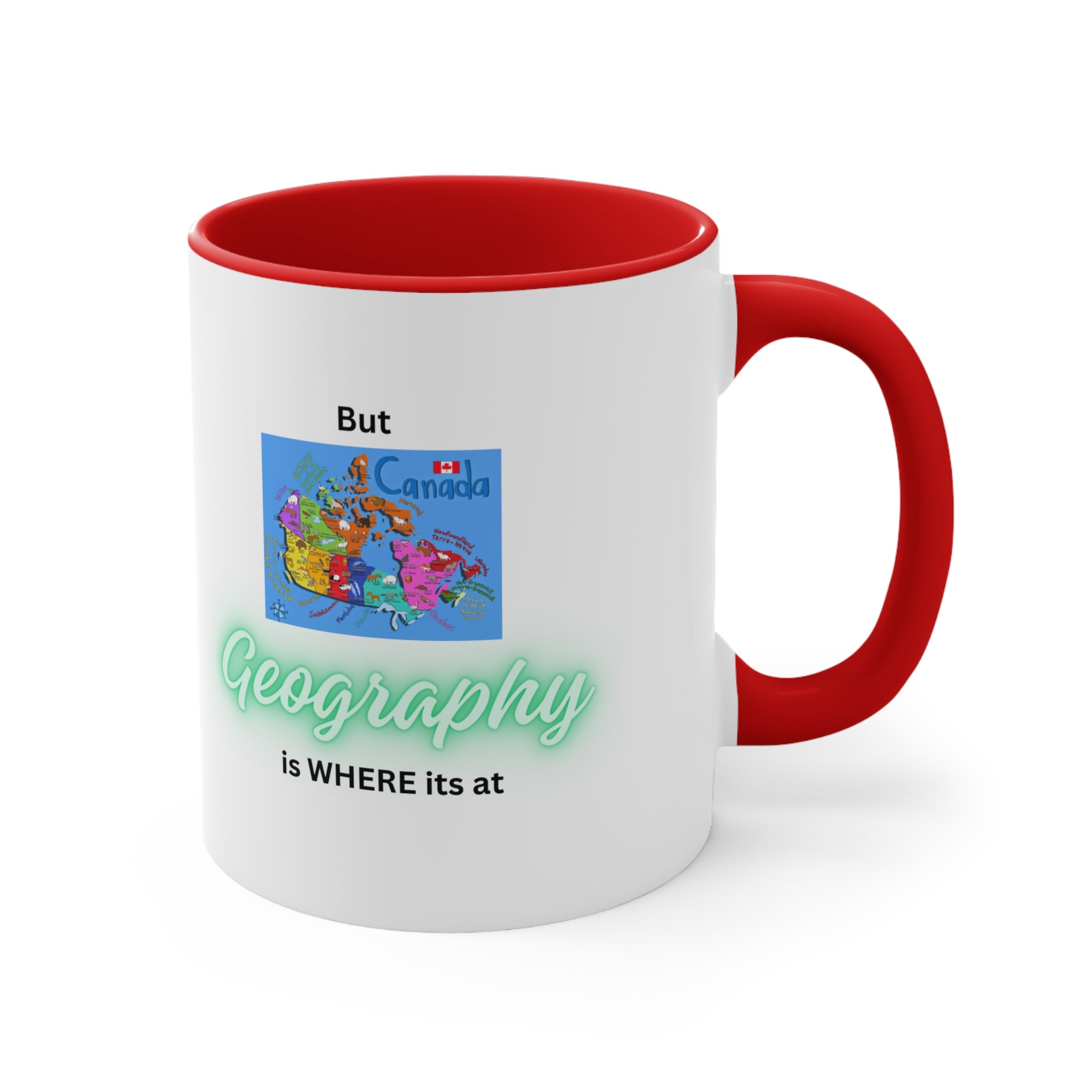 (Kids Canada Flag Green Text Red Handle) - Tasse à café accentuée, 11 oz - Geology Rocks 