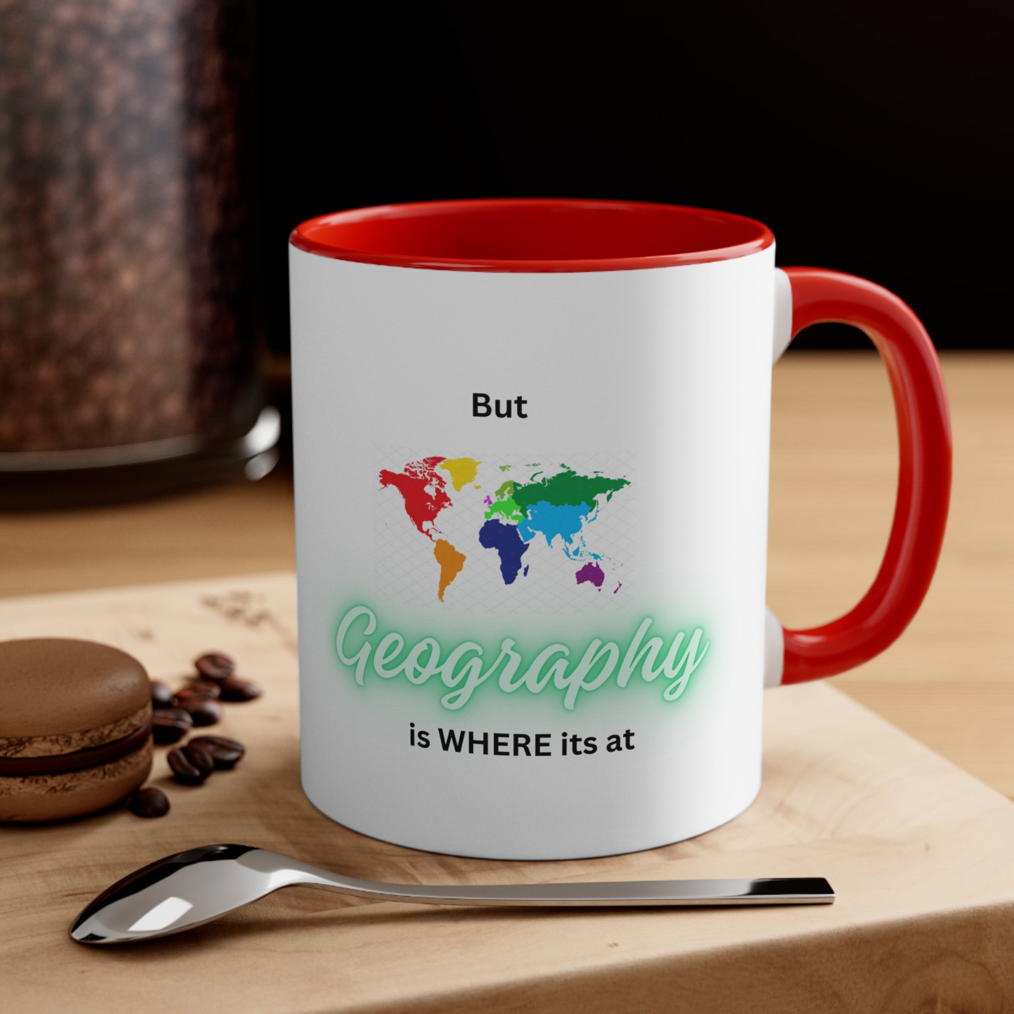 Mapa del mundo - Texto verde - Mango rojo - Taza de café decorativa, 11 oz 