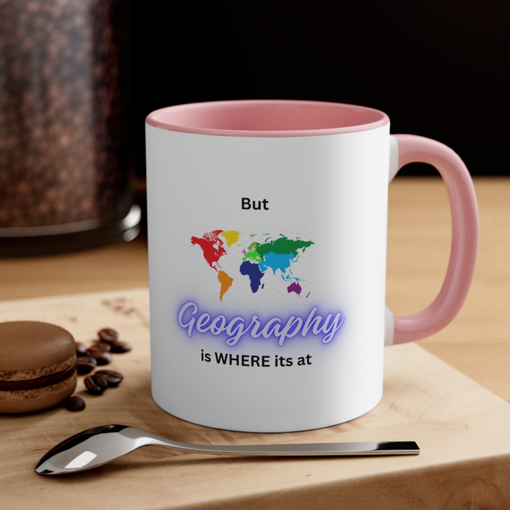 World Map - Blue Text Pink Handle- Accent Coffee Mug, 11oz