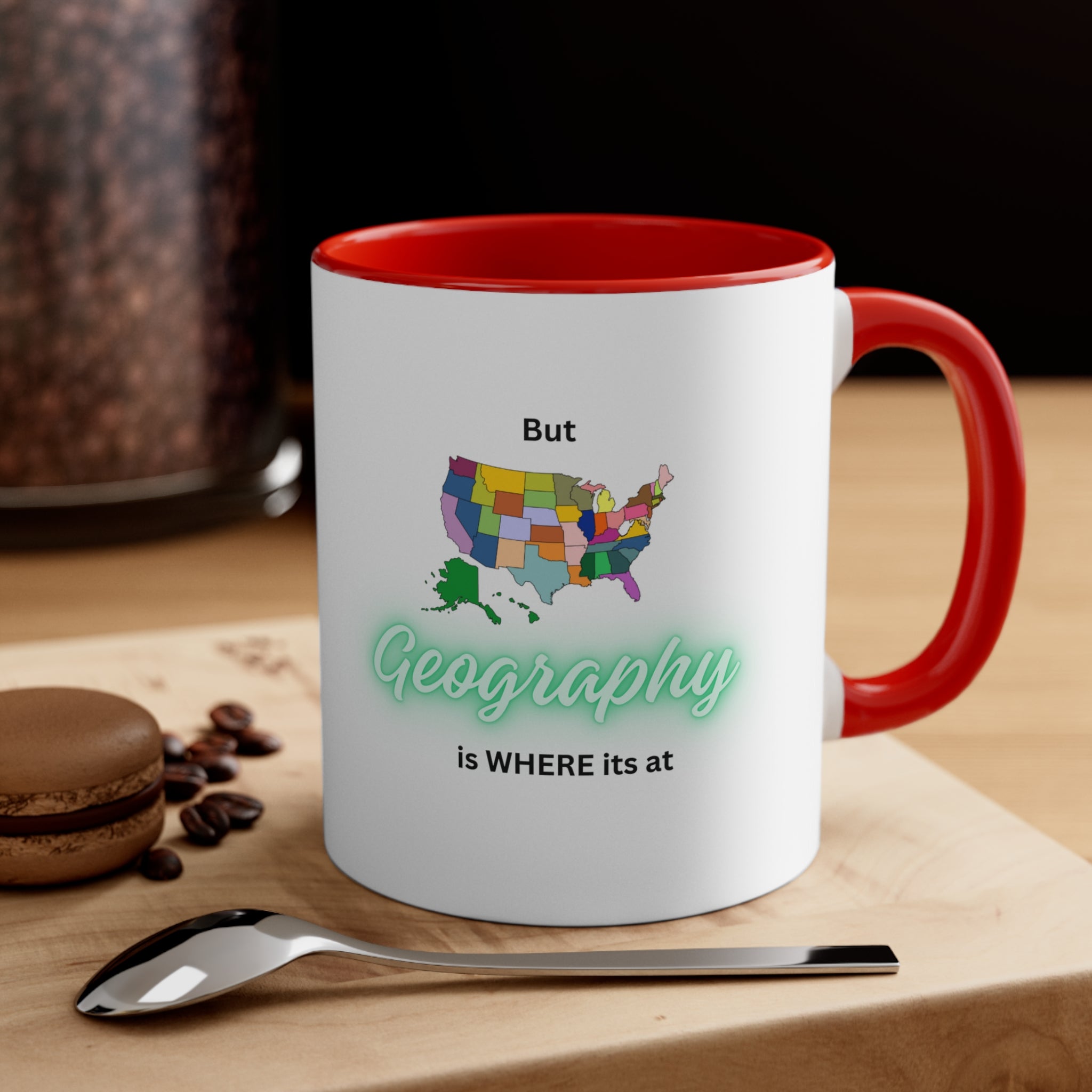 Estados Unidos sin nombre – Texto verde mango rojo – Taza de café decorativa, 11 oz 