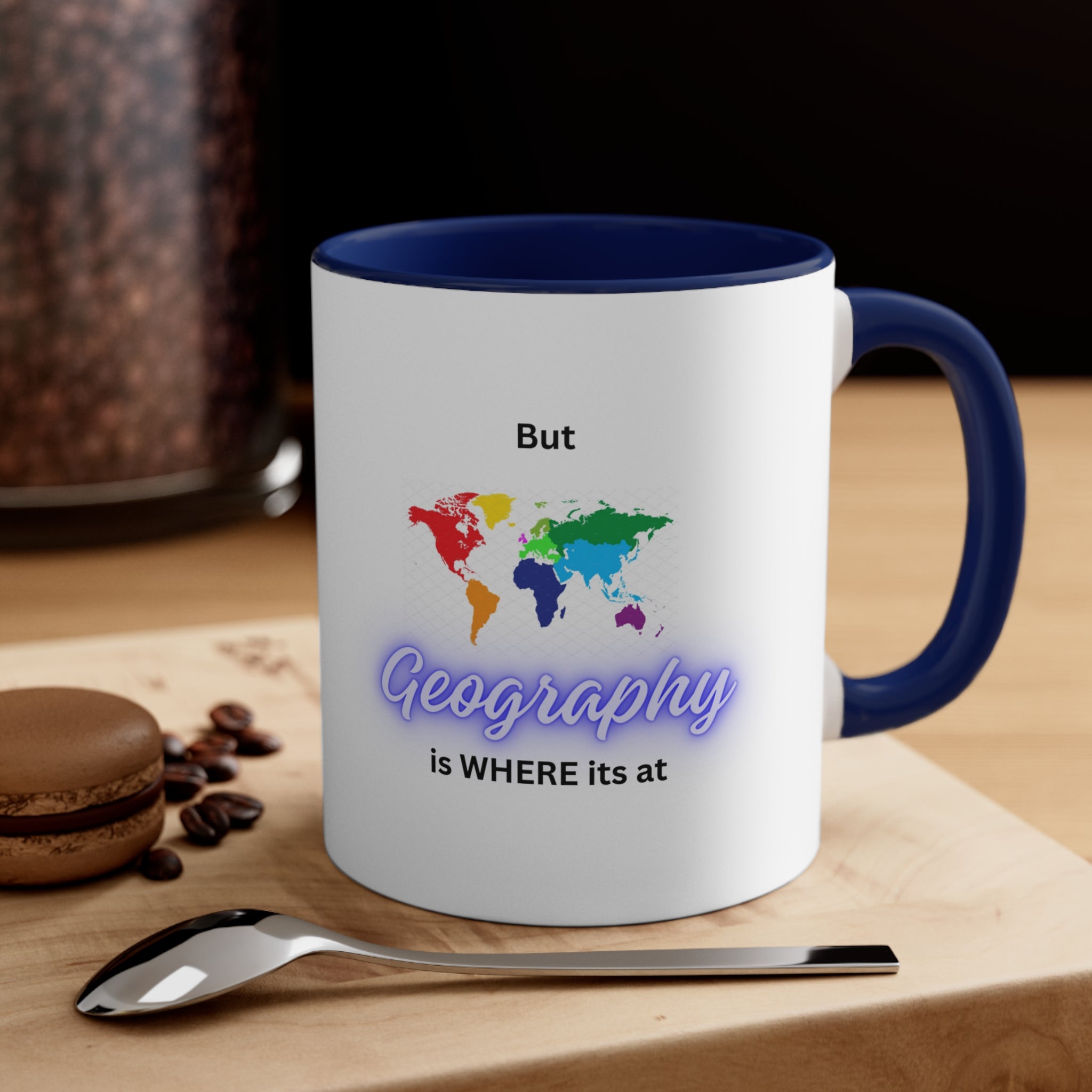 World Map - Blue Text Pink Handle- Accent Coffee Mug, 11oz