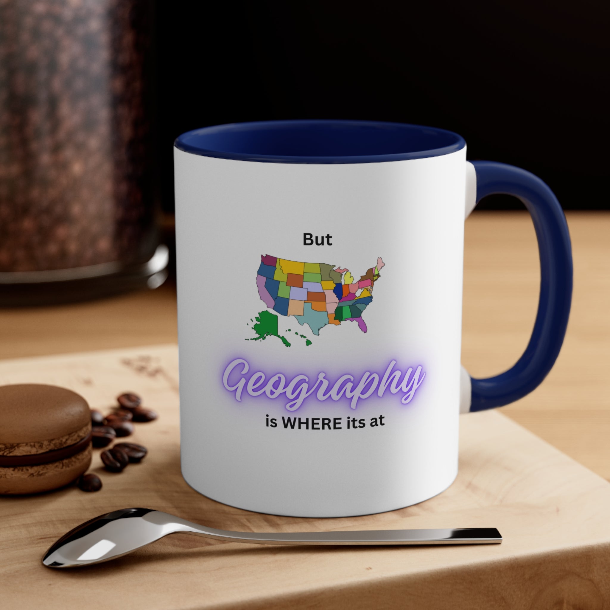 Estados Unidos sin nombre – Texto morado mango azul – Taza de café decorativa, 11 oz 